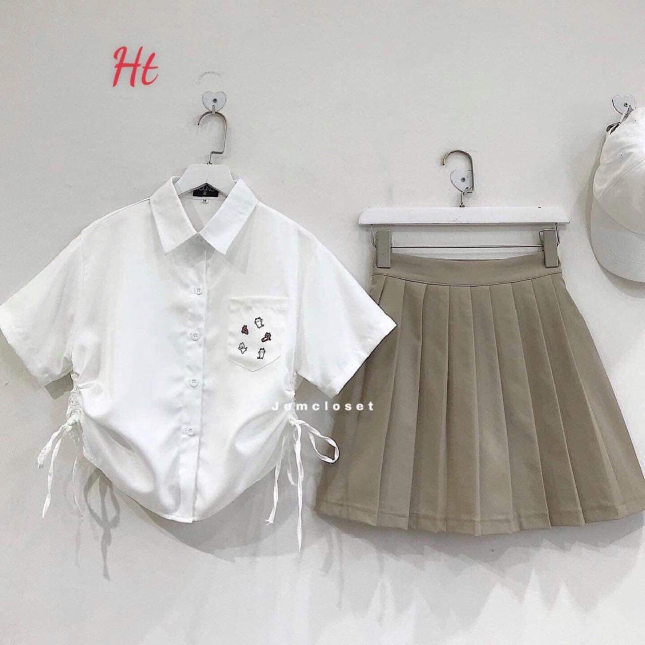 Áo sơ mi trắng rút 2 bên hông nữ . Áo croptop sơ mi dây rút eo 2 màu đen trắng túi ngực Mèo siêu kute