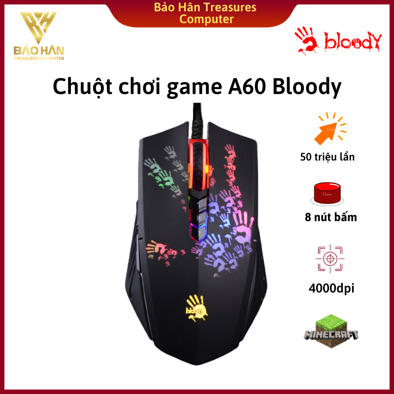 Chuột Máy Tính Có Dây Gaming Bloody A60 6200CPI 8 Nút (ACTIVATED ULTRA CORE 3&4) Chuyên Minecraft - 