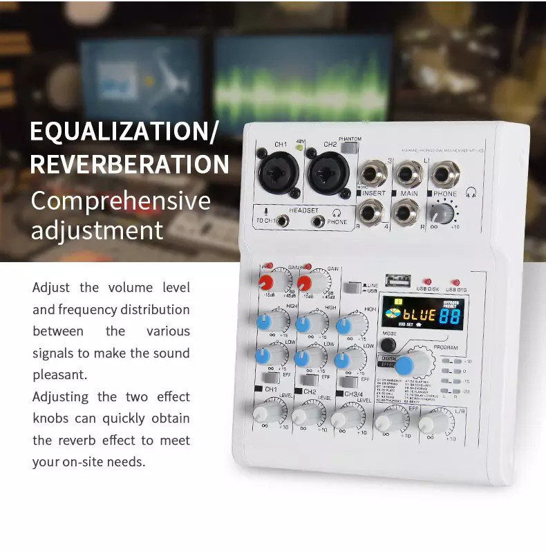 MIXER E4 Bluetooth-Mixer Karaoke Livetream Thu Âm Chuyên Nghiệp, Tích Hợp 88 Hiệu Ứng Reverb, 2 Cổng Micro XLR, 2 Cổng Phantom 48V, 1 Cổng 3.5 Cho Micro 5v Tương Thích Với Việc Mix Nhạc, Livestream, Âm Thanh Trong Trẻo Rõ Ràng.