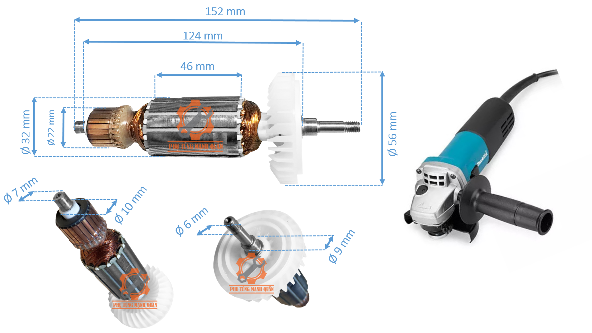 Rotor/ruột máy mài góc makitaa 9553nb dca tặng kèm chổi than cao cấp