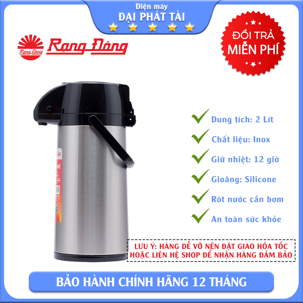 [HCM] CHỈ GIAO Ở HCM Phích Bơm nước nóng Inox Rạng Đông từ 2 lít đến 3,2 lít