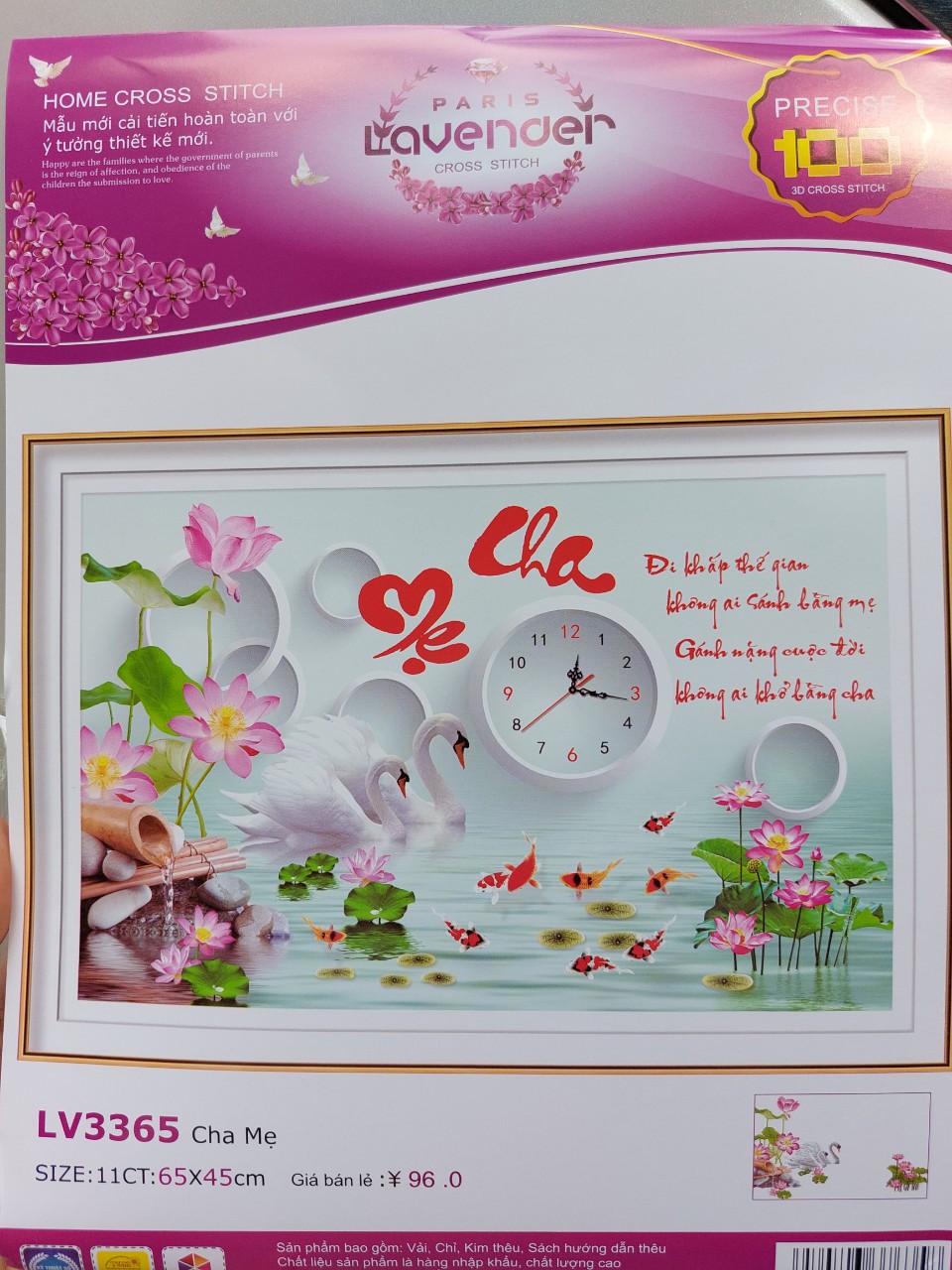 Tranh thêu chữ thập cha mẹ thiên nga hoa sen lv3365 - kích thước 65 * 45