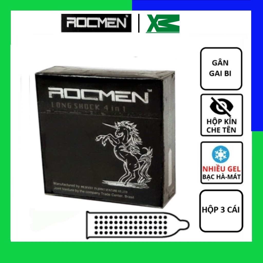 Bao cao su nam có gai ROCMEN Long Shock 4 in 1 ngựa đen - bcs rocmen gân gai lớn siêu mỏng , kéo dài thời gian, chống xuất tinh sớm, tăng khoái cảm cho nam nữ