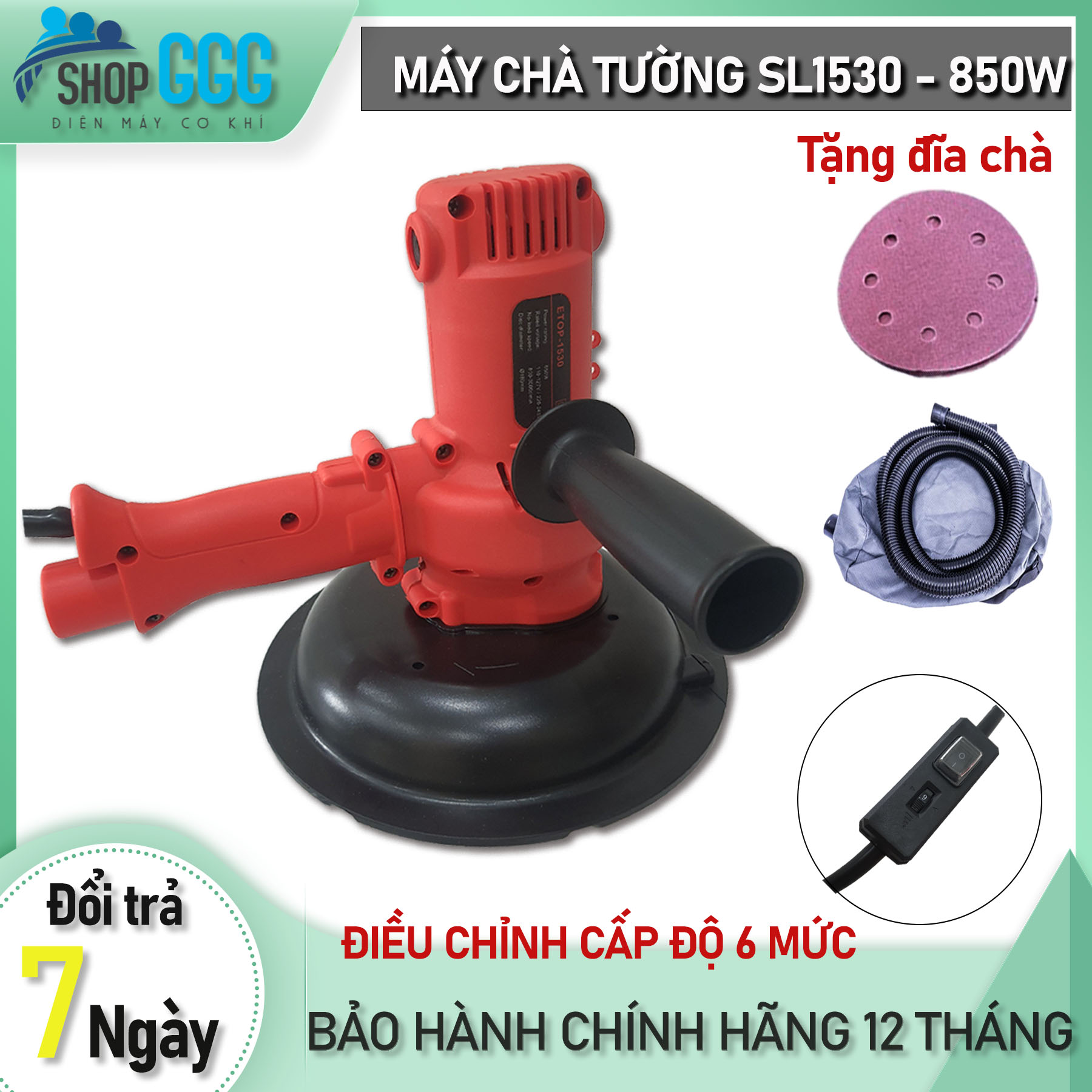 Máy chà tường chính hãng Etop SL1530 công suất 850w, đĩa mài 180mm - 6 cấp điều chỉnh tốc độ - Có hút bụi - Máy xoa tường, chà nhám tường