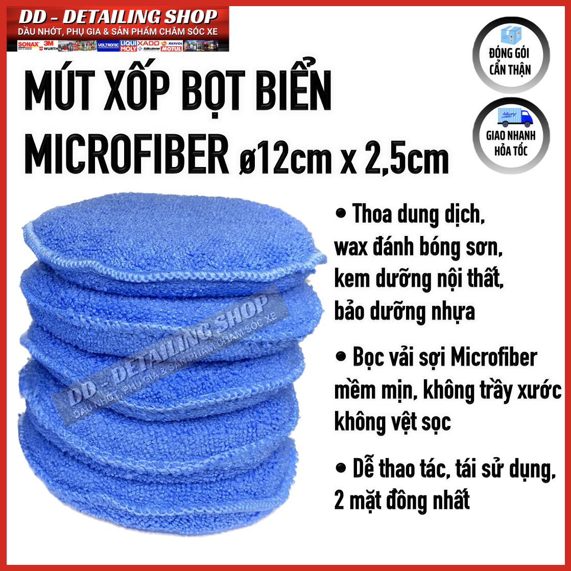 Mút Xốp Bọt Biển Bọc Vải Sợi Microfiber 12cm, Chuyên dụng thoa wax đánh bóng, thoa kem dưỡng nội thất, nhựa, chăm sóc xe.