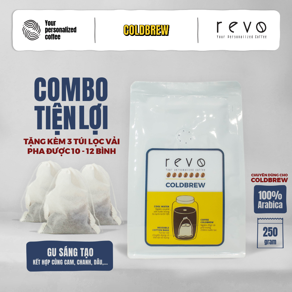 [Combo Tiện Lợi] - Set cà phê ngâm lạnh kèm 3 túi lọc vải tiện lợi - Revo ColdBrew - 100% Arabica - túi 250gr - pha 10-12 bình cà phê Cold Brew