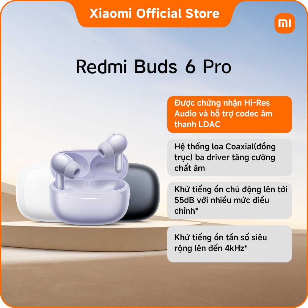 Tai nghe Bluetooth REDMI Buds 6 Pro | Hệ thống loa Coaxial(đồng trục) ba driver tăng cường chất âm | Được chứng nhận Hi-Res Audio và hỗ trợ codec âm thanh LDAC | Tích hợp âm thanh đa chiều với tính năng theo dõi và điều chỉnh theo chuyển động đầu