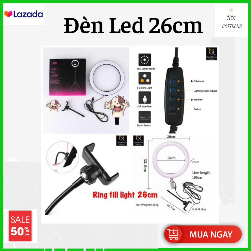 [ SALE HÓT 50% ] Đèn Led Livestream Size 26cm, Đèn Led Siêu Sáng, Không Gây Đau Mỏi Mắt Khi Nhìn Lâu. Hỗ Trợ Ánh Sáng Chụp Ảnh, Livestream, Chụp Sản Phẩm, Quay TikTok Cực Đẹp. Bảo Hành 12 tháng.Lỗi 1 Đổi 1