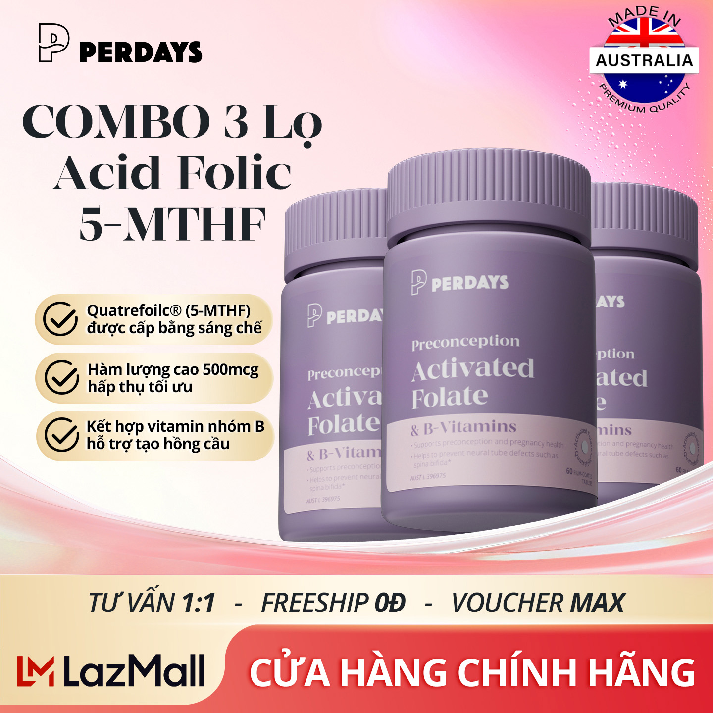 [COMBO 3 LỌ] Viên Uống Bổ Sung Acid Folic 5-MTHF & Vitamin B Cho Mẹ Bầu - PERDAYS Activated Folate