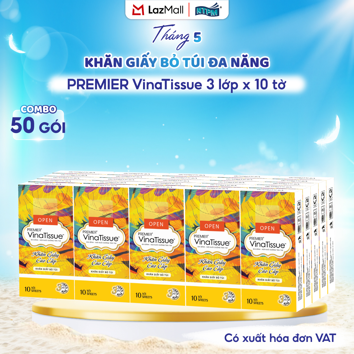 [COMBO 5 LỐC] Khăn giấy bỏ túi đa năng PREMIER VinaTissue, 3 lớp - 100% bột giấy nguyên sinh, không chất tẩy, 10 gói/lốc – Chính hãng