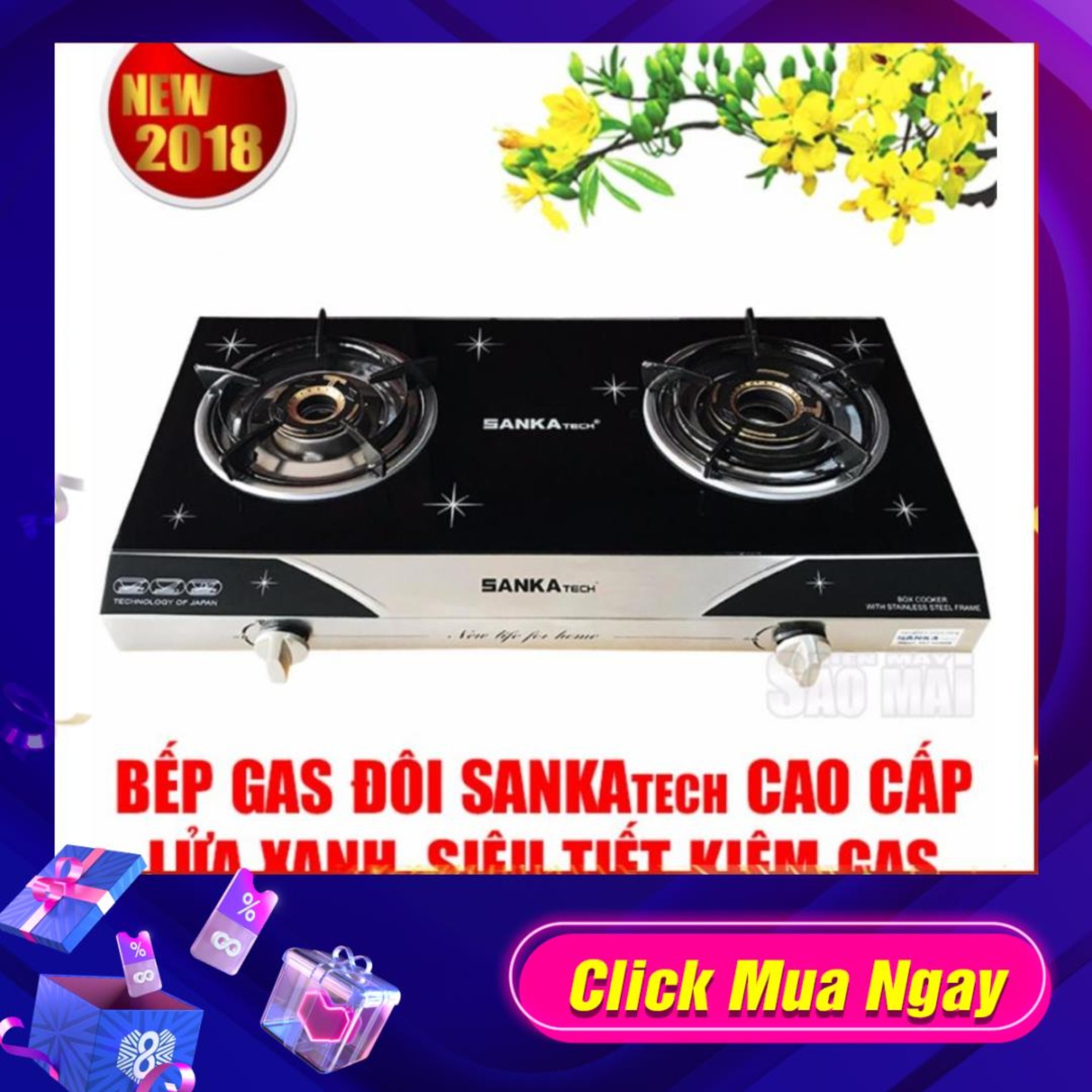 XẢ tồn kho - Bếp Gas Đôi Mặt Kính Cao Cấp SANKAtech SKT-668BB, điếu inox, sen đồng, dòng sản phẩm tiết kiệm gas cho gia đình.