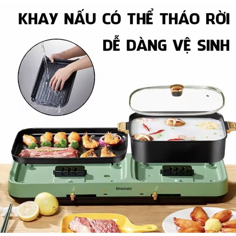 Bếp lẩu nướng đa năng nineshield kb-522 công suất 2200w ,nồi lẩu nướng 2 ngăn - khay nấu có thể tháo rời, nồi lẩu nướng điện đa năng nineshield kb-518, bếp lẩu nướng đa năng, dễ dàng vệ sinh, 2 bộ chỉnh nhiệt độc lập,
