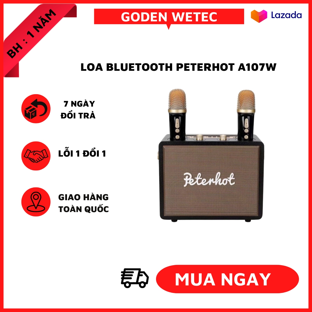 Loa Karaoke Bluetooth Peterhot A107W Phiên Bản Mới Độc Đáo 2023, Loa Karaoke Không Dây Âm Thanh Đỉnh Tặng 2 Micro. Loa Karaoke A107W Thiết Kế Cực Đẹp, Dễ Sử Dụng - Pin Trâu - GODEN WETEC