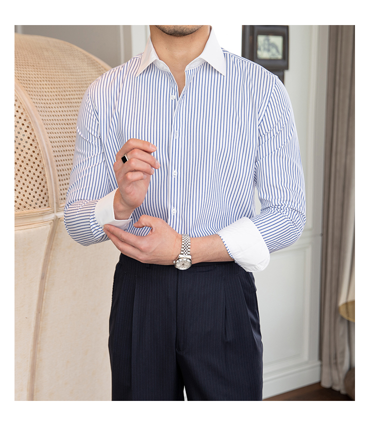 Áo sơ mi nam hàn quốc kẻ sọc xanh sọc đen phối cổ kiểu hàn quốc trẻ trung form đẹp vải kẻ trơn mịn cao cấp