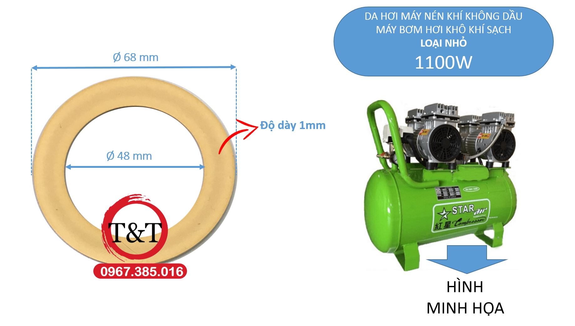 [HCM]DA HƠI MÁY NÉN KHÍ Xéc măng da(da bơm 48x68mmX1mm) máy nén khí không dầu máy bơm hơi khô khí sạch 1100W