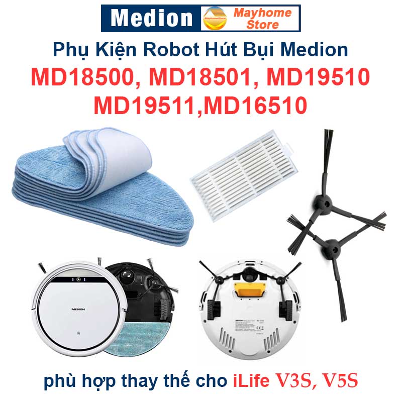 Phụ kiện robot hút bụi Medion MD18500, MD18501, MD19510, MD19511,MD16510 / iLife V3S, V5S. Khăn Lau, Lọc Bụi, Chổi Cạnh///