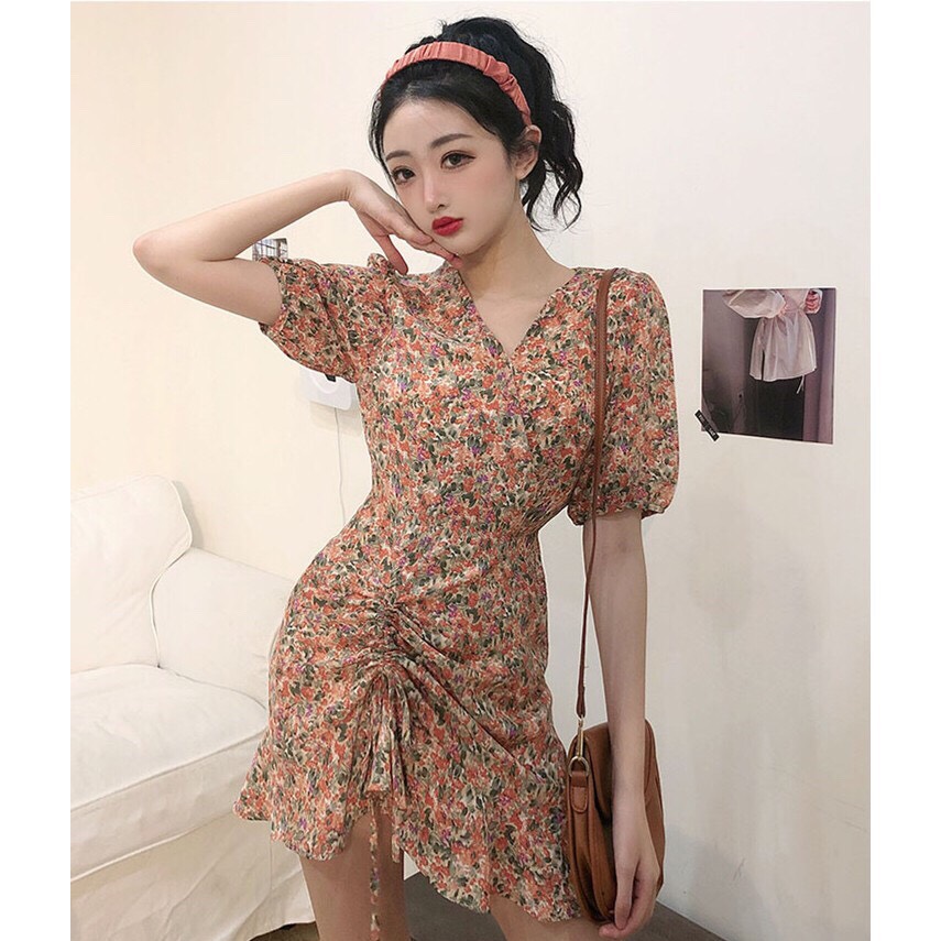 Đầm cổ v tay phồng hông rút dây + Clip Ảnh thật