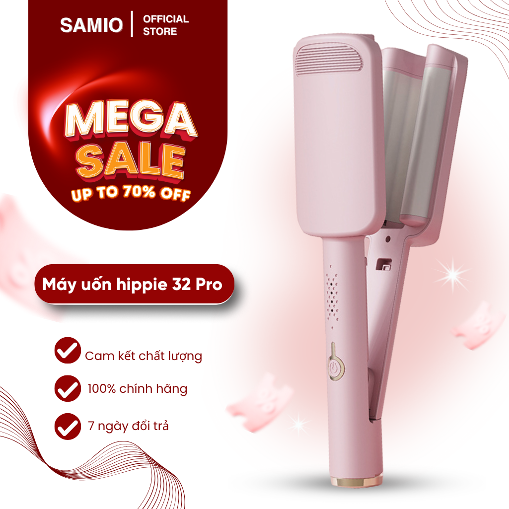 SAMIO - Máy Uốn Tóc Xoăn Sóng Nước Hippie 32 Thiết Kế 3 Trục Gốm Sứ Ceramic Cao Cấp, Máy Làm Xoăn Sóng Nước Chỉnh Nhiệt Tạo Kiểu