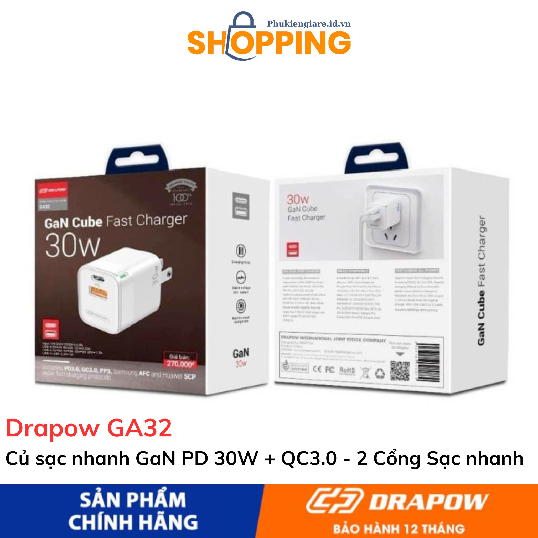 Củ sạc nhanh gan pd 30w + qc3.0 ga32 - 2 cổng sạc nhanh