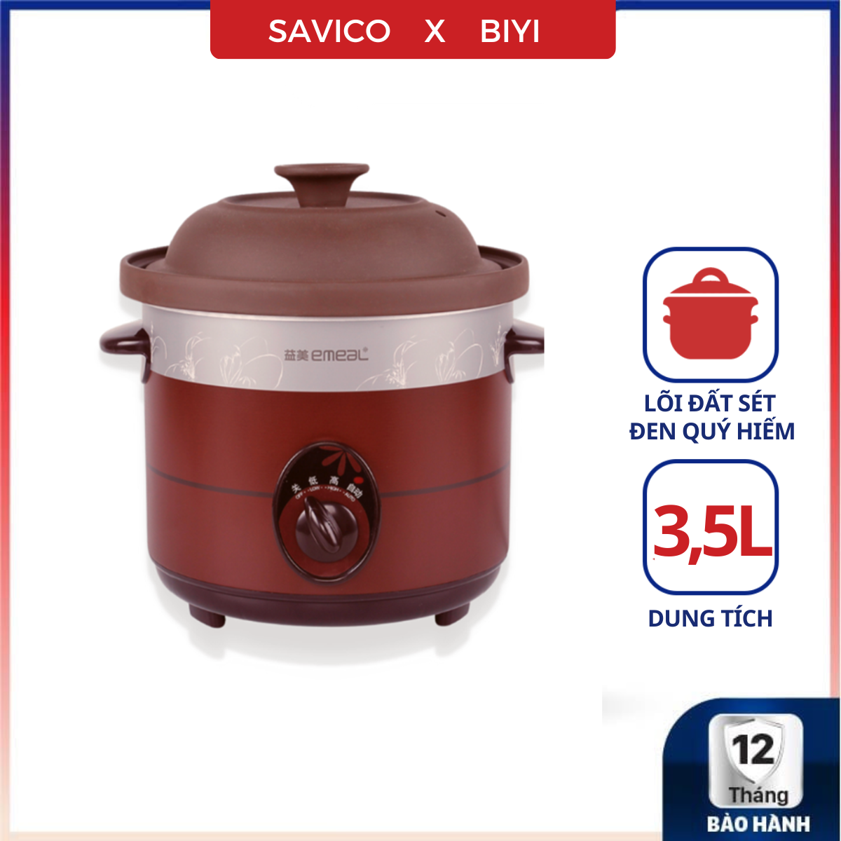 Nồi hầm chậm đa năng emeal dung tích 3.5 lít cách thủy 3 chế độ hầm cháo, thuốc bắc, nấu ăn - savico