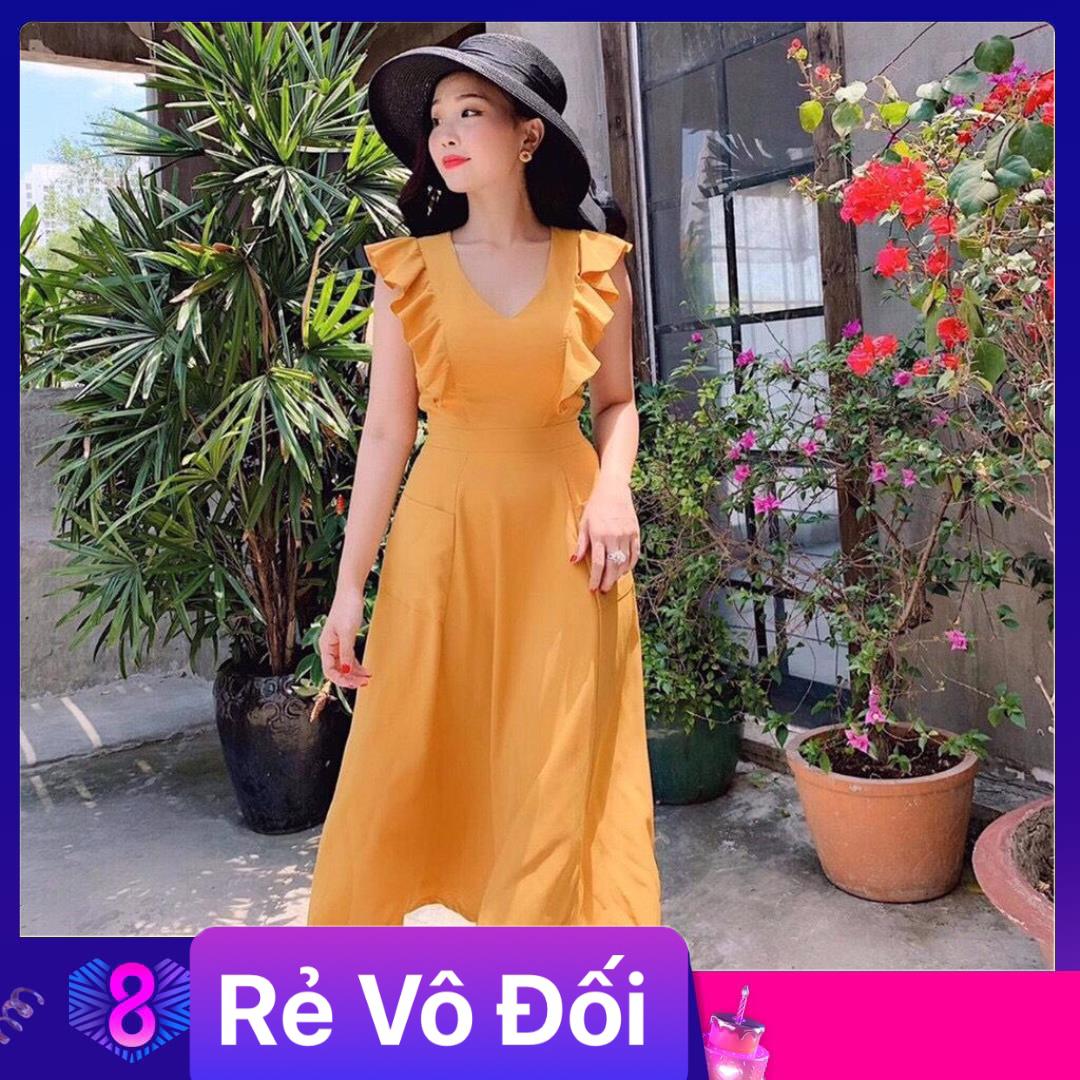 Đầm suông tay cánh tiên cổ tròn có túi chất kate lụa vàng trắng hồng