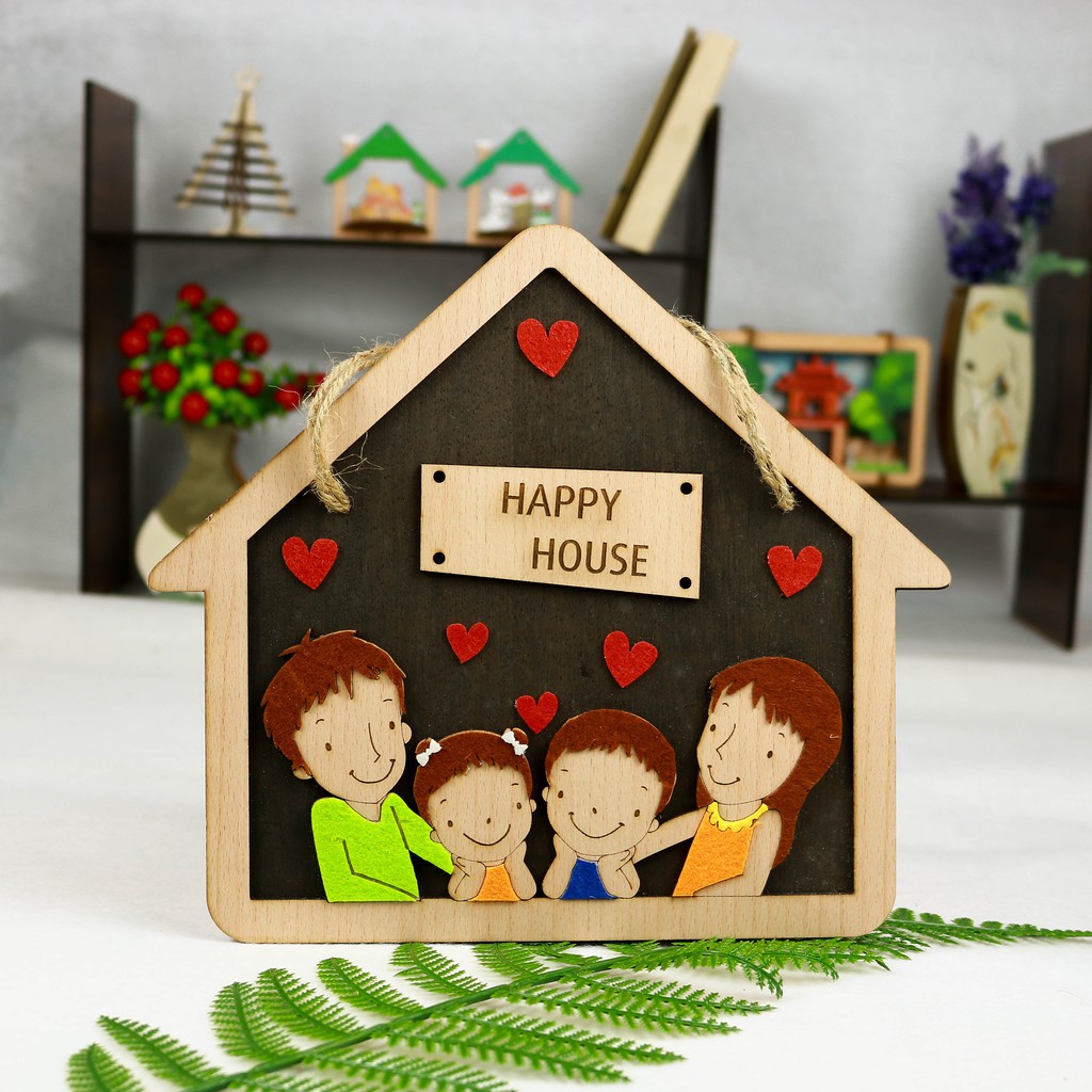 Decor home Bảng gỗ trang trí, bảng gỗ treo cửa bảng decor HAPPY HOUSE gia đình 3- 4 người