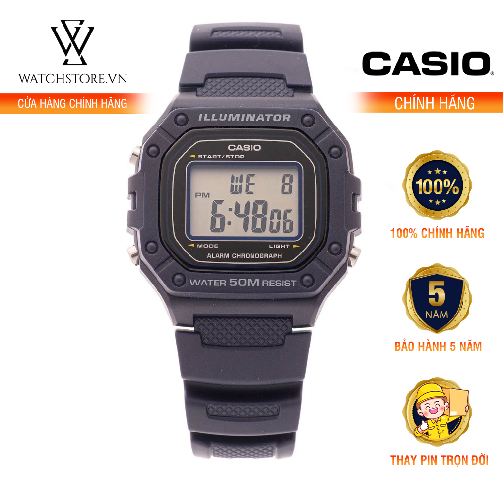 Đồng Hồ Điện Tử Nam Casio Chính Hãng WATCHSTORE W-218H-2AVDF Thiết Kế Kính Nhựa 43mm, Độ Chịu Nước 5ATM, Vỏ Nhựa Cao Cấp