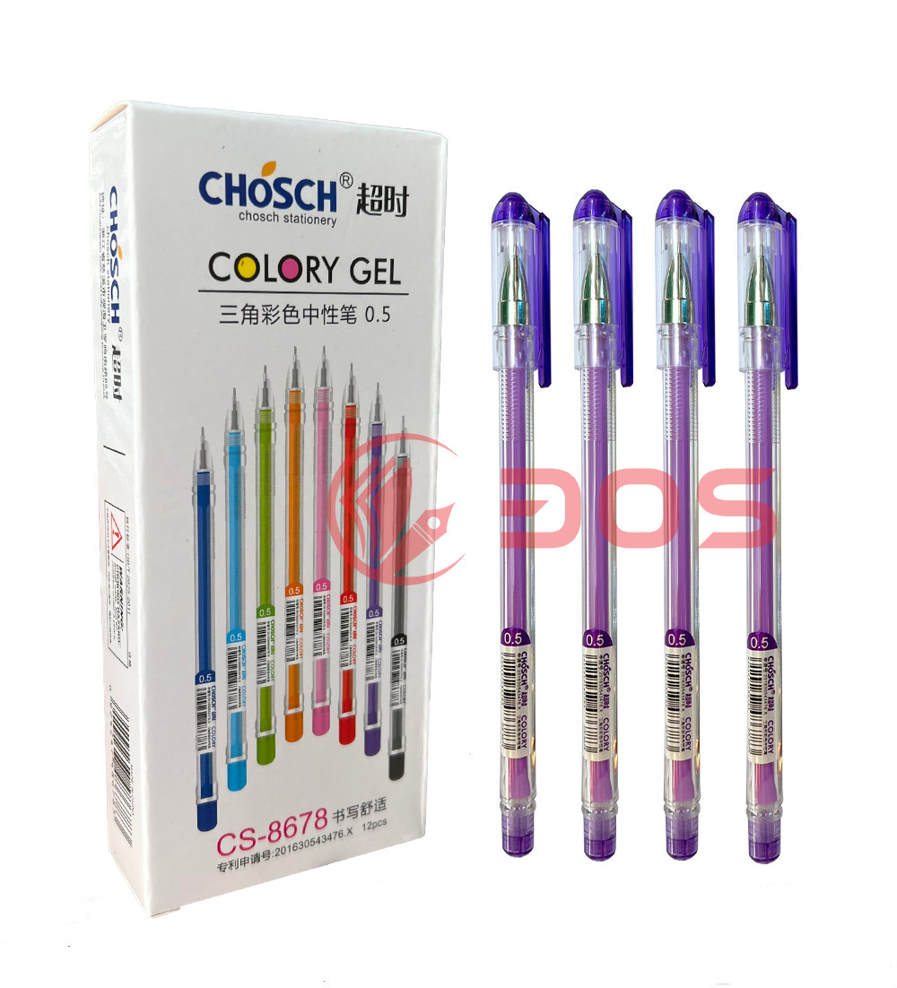 Hộp 12 Cây Bút Gel Chosch Cs-8678 Ngòi 0.5mm  Xanh, Đỏ, Tím, Đen