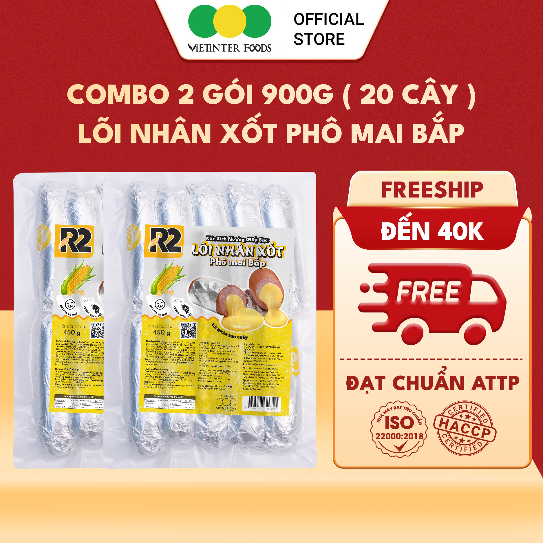 Combo 2 Gói Xúc Xích Giấy Bạc Nướng Đá R2 Vietinter Foods Lõi Nhân Xốt Phô Mai Bắp 900g (Gói 450g)