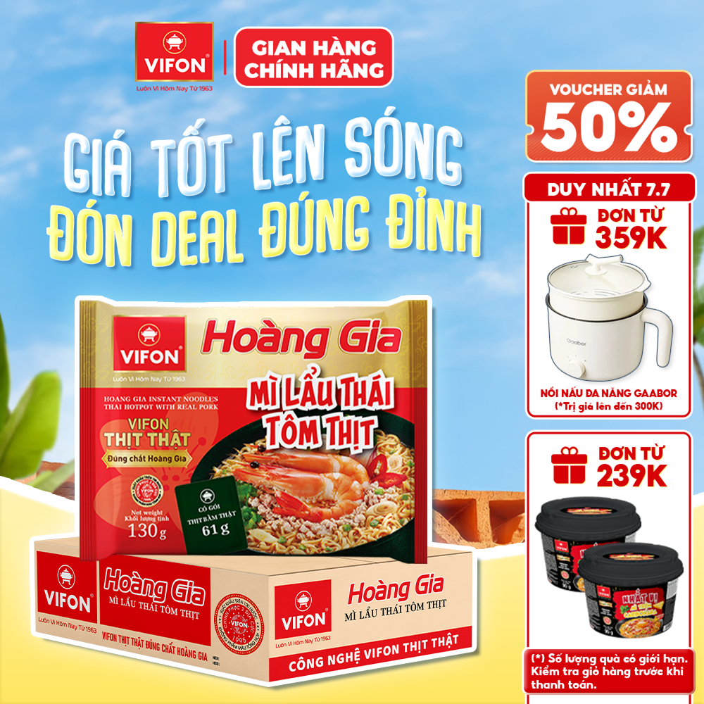 [Voucher 28% đơn từ 400K] Thùng 18 Gói/ Set 5 Gói Mì Lẩu Thái Tôm Thịt Hoàng Gia VIFON 130g Có Gói Thịt Bằm Thật