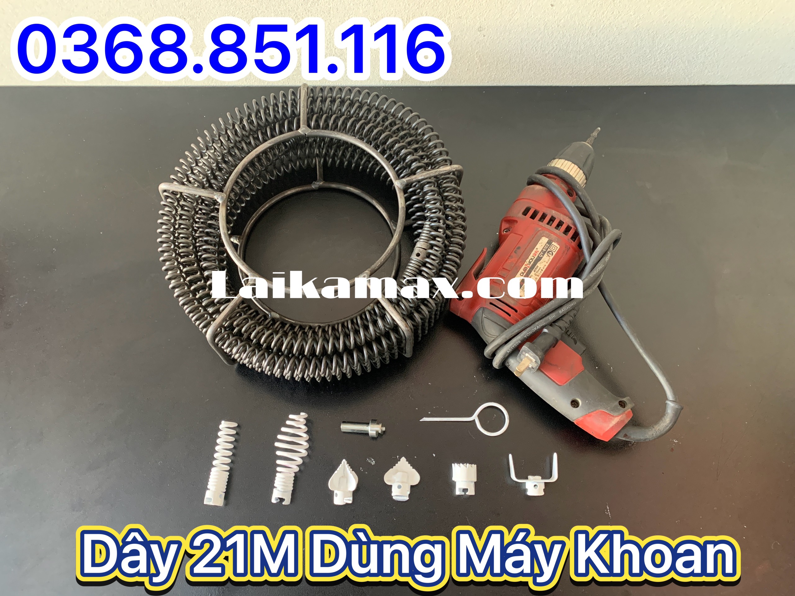 Dây thông tắc cống lò xo dùng máy khoan dài 21m + 6 đầu thông + kết nối máy khoan