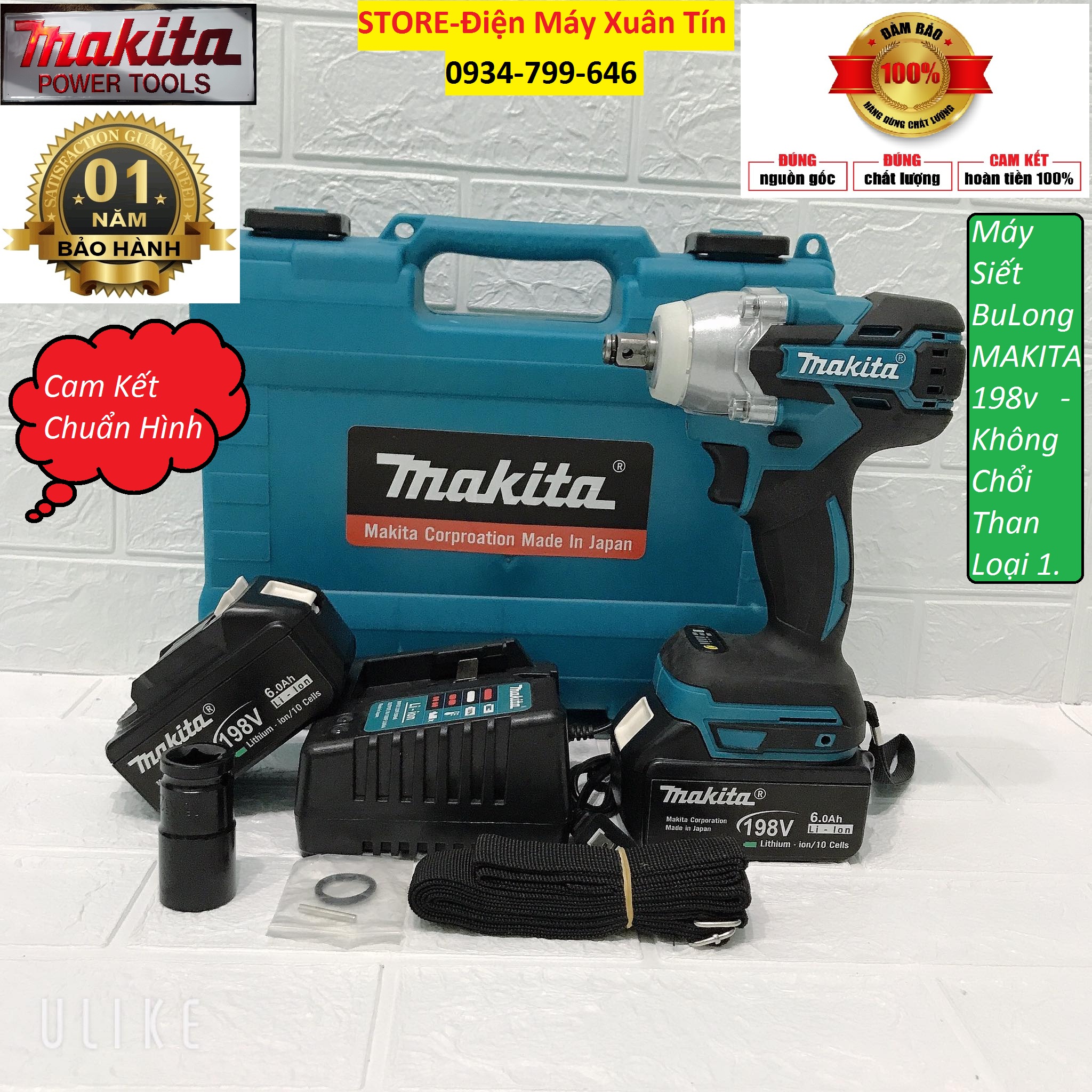 Máy siết bulong MAKITA 198V.chuẩn loại 1.không chổi than.bảo hành 12 tháng