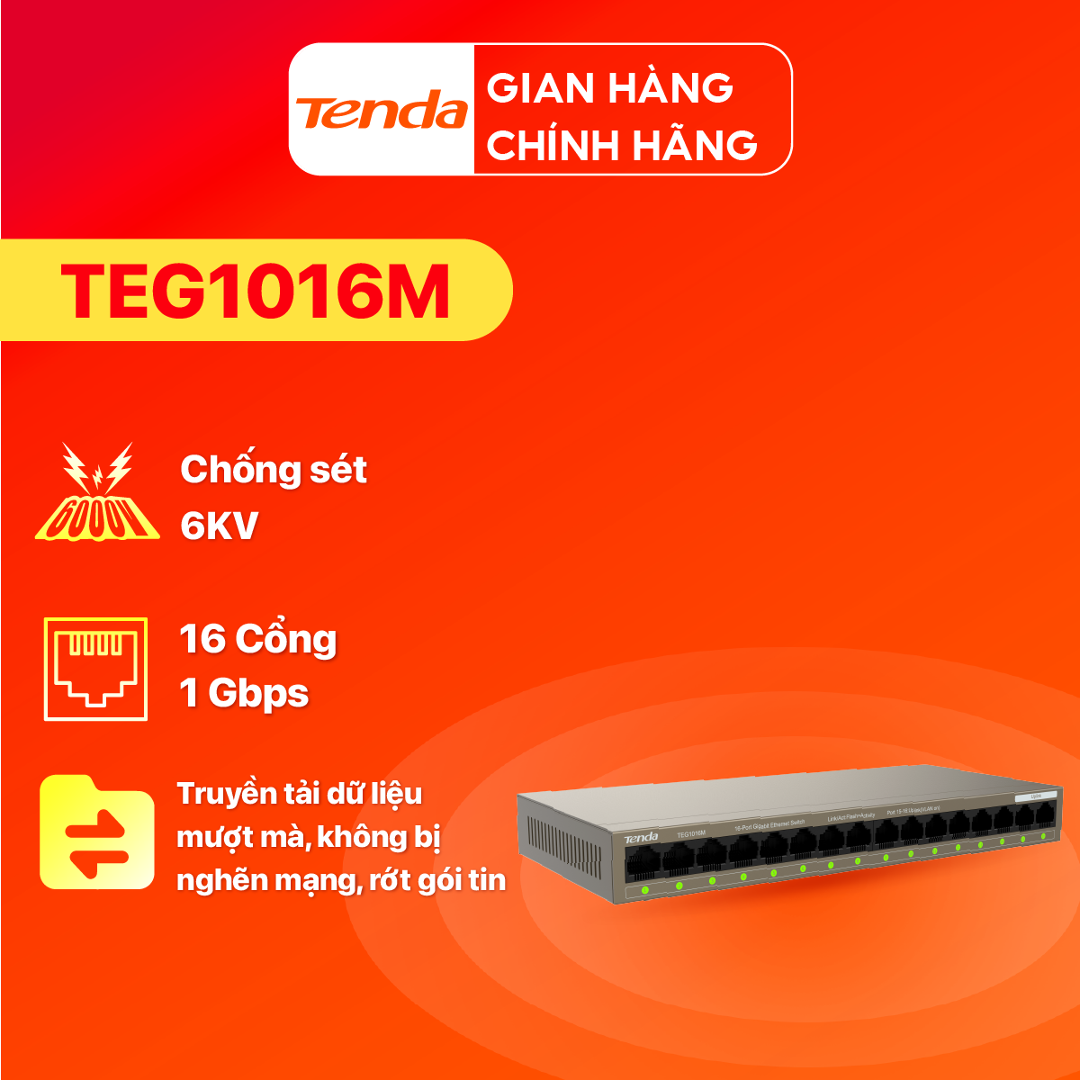 Bộ chia mạng Switch Tenda TEG1016M 16 cổng Ethernet 1000Mbps - Hãng phân phối chính thức