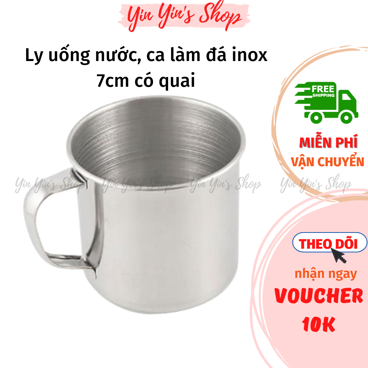Ca uống nước inox 7cm có quai, ly, cốc làm đá đa năng