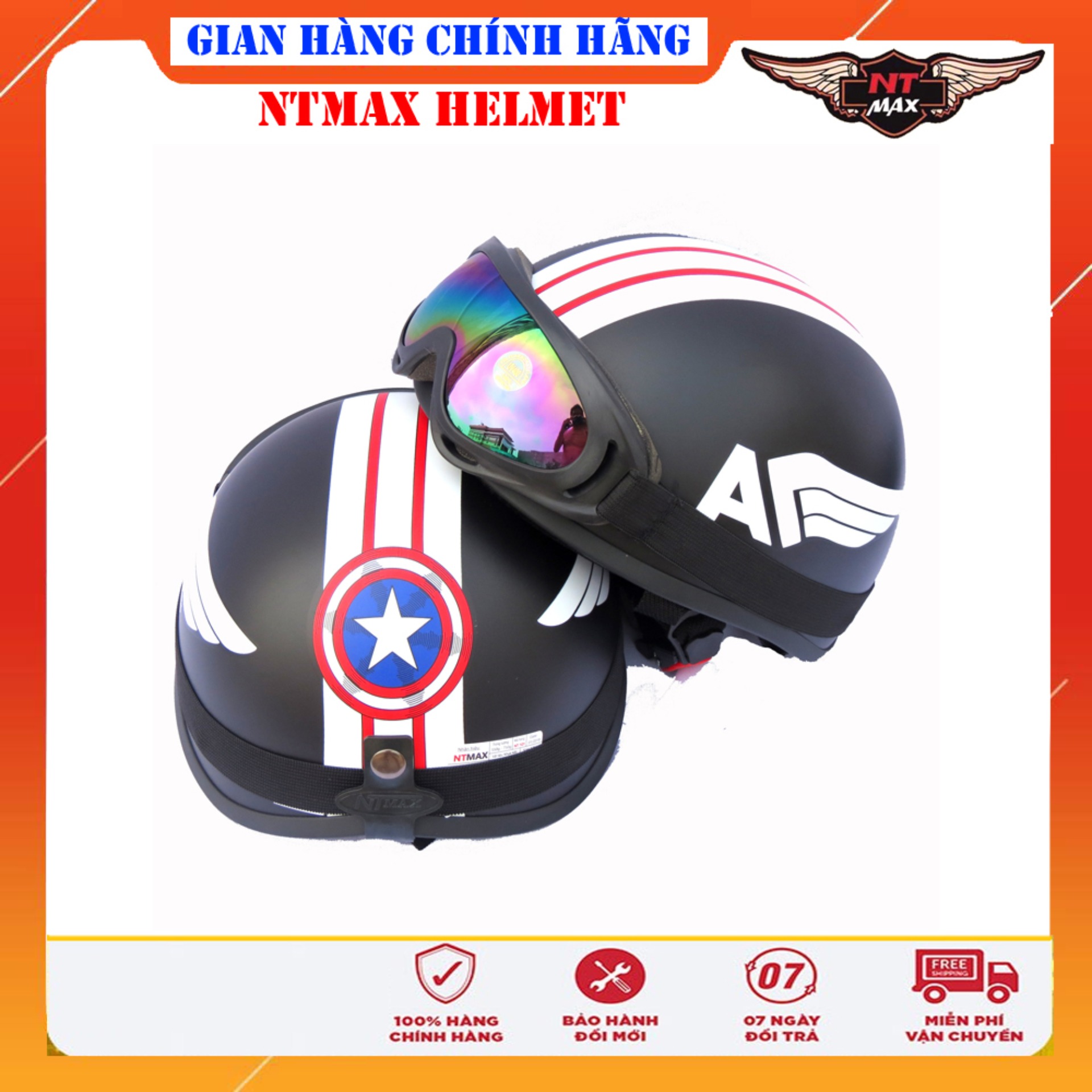 Mũ bảo hiểm ntmax captain 1/2 + kính uv400 hoặc kính phi công