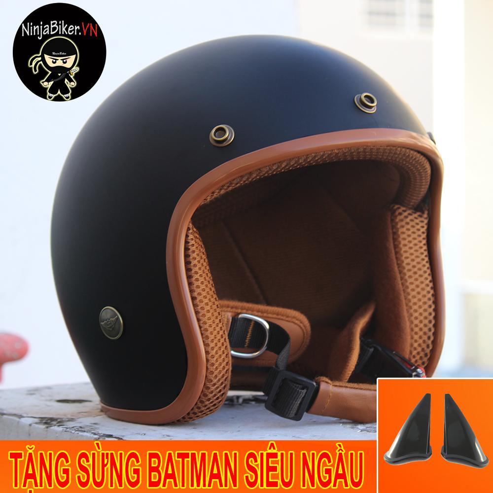 Nón bảo hiểm NTMAX 3/4 đen nhám lót nâu full tặng kèm tai batman