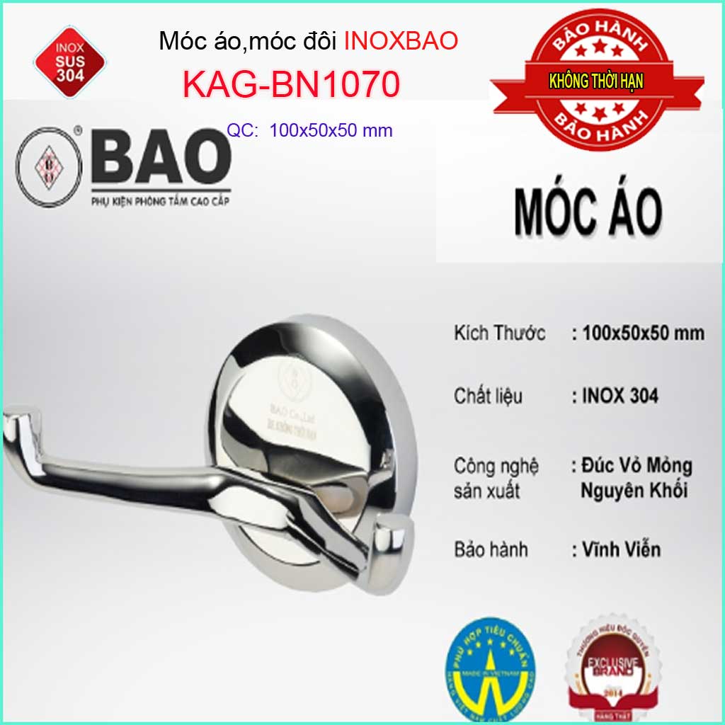 Móc đôi Inox Bảo KAG-BN1070, móc 2 treo đồ nhà tắm SUS304 đế tròn thiết kế tuyệt đẹp sang trọng tinh tế đến từng chi tiết