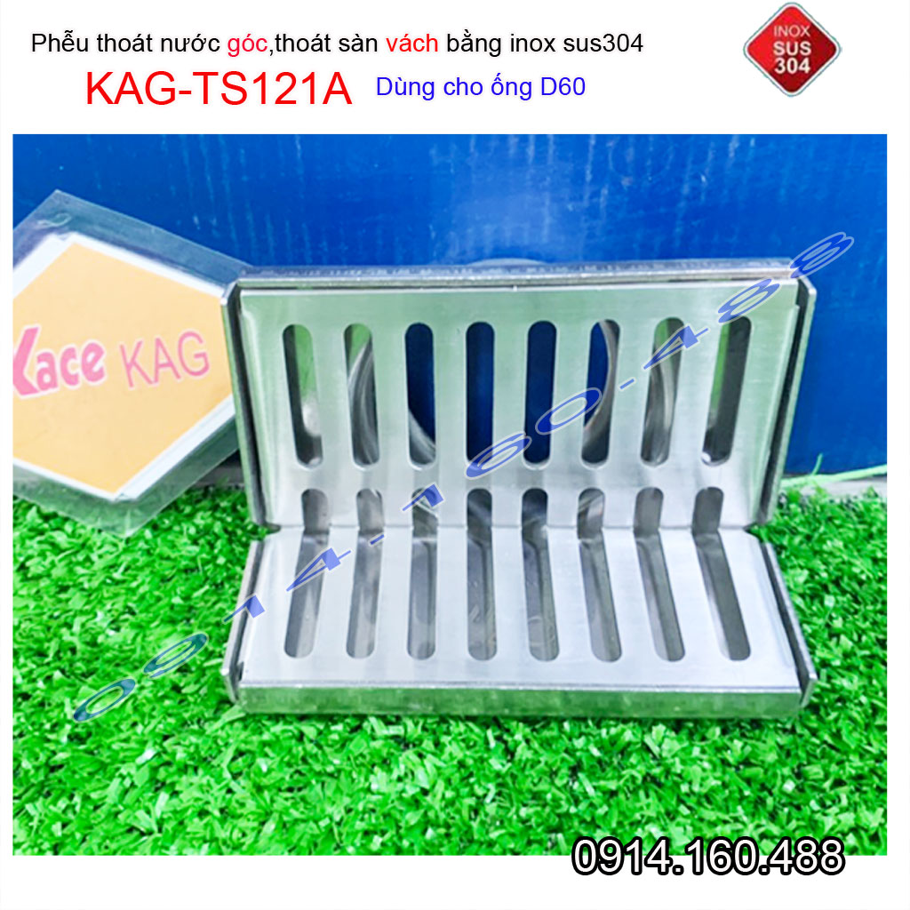 Phễu thoát nước ngang D60 inox 304 KAG-TS121A, Ga thoát sàn vào vách hành lang ban công góc tường thiết kế đẹp tiện dụng siêu bền