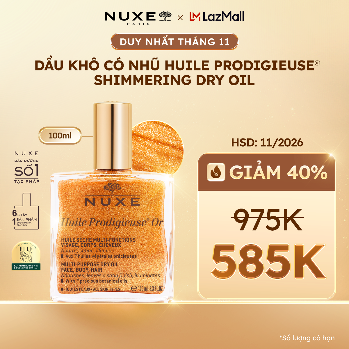 [DATE 11/2026] Dầu khô có nhũ Nuxe Huile Prodigieuse Shimmering Dry Oil 100ml