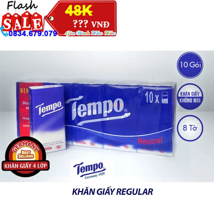 Khăn giấy bỏ túi Tempo không mùi 4 lớp - Lốc 10 gói