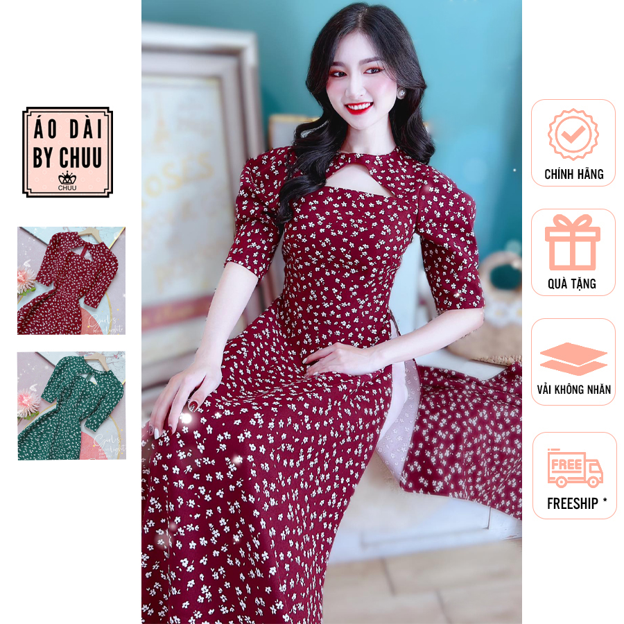 Áo dài hoa cách tân nữ cổ tàu nhung tăm Moon CHUU AD8113 - không kèm quần