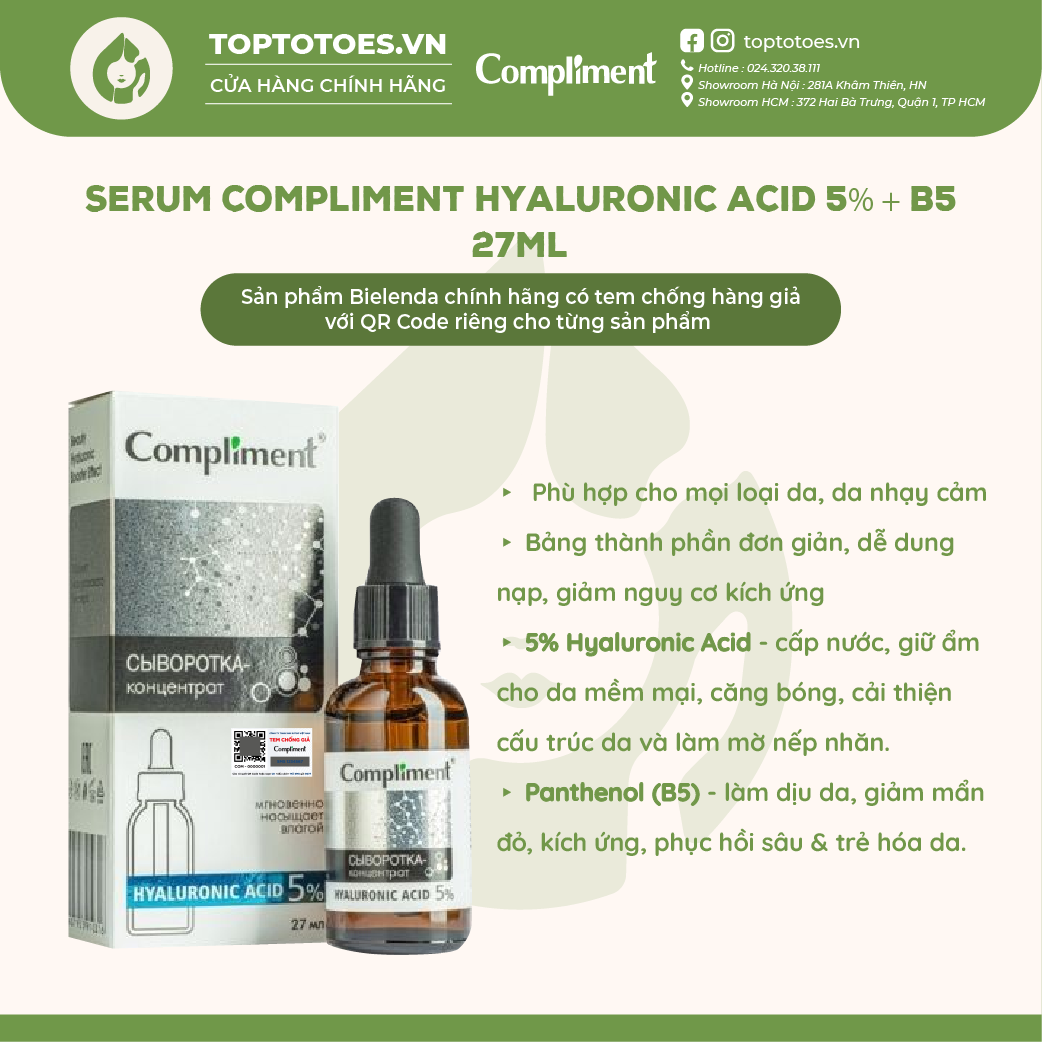 Serum Compliment Hyaluronic Acid 5% + B5 cấp nước giữ ẩm phục hồi - 27ml