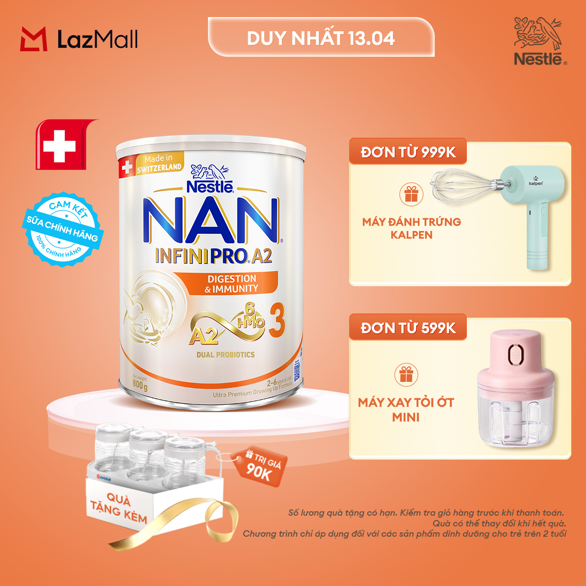 [CHỈ 13.04 QT Đơn 599K/999K][Tặng Set 3 hũ gia vị INOCHI] Sữa bột Nestlé NAN INFINIPRO A2 3 800g nhập khẩu Thụy Sĩ  với công thức đầu tiên chứa đạm A2, 6HMO  Lợi khuẩn kép