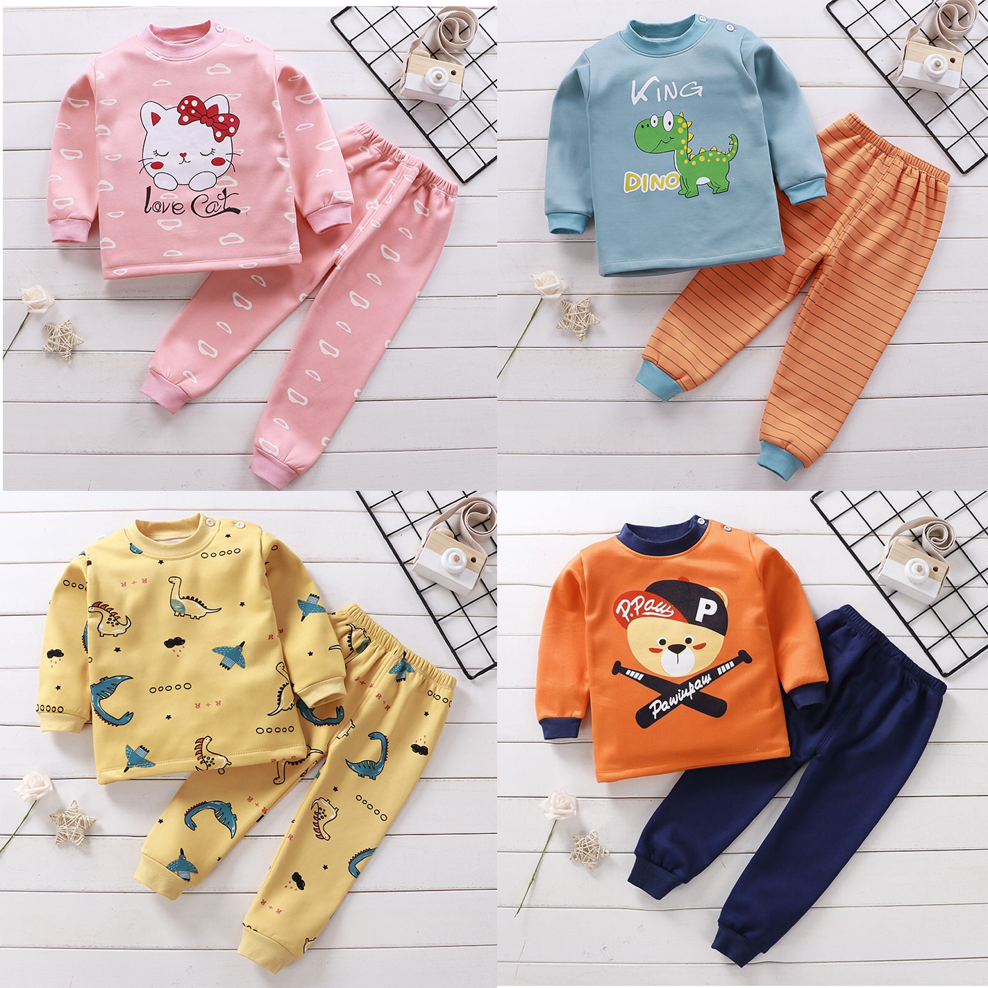 Bộ quần áo nỉ lót lông chính hãng LINKCARD chất vải cotton dày cực ấm cho bé trai bé gái