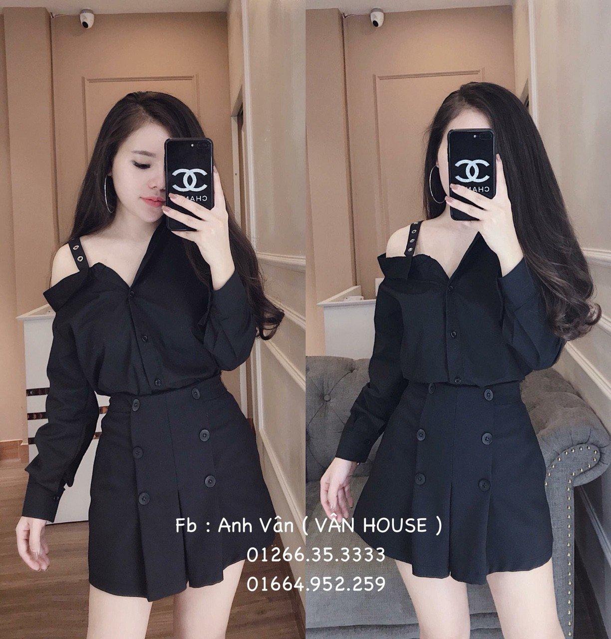 Sét váy nút áo lệch vai cát hàn,kate 40-50-QH