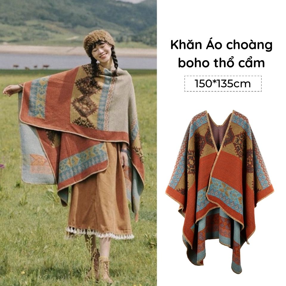 Áo choàng boho thổ cẩm cho nữ không ống tay áo dạng khoác ngoài khăn áo chất len dạ dày xinh xắn - Mã AC004