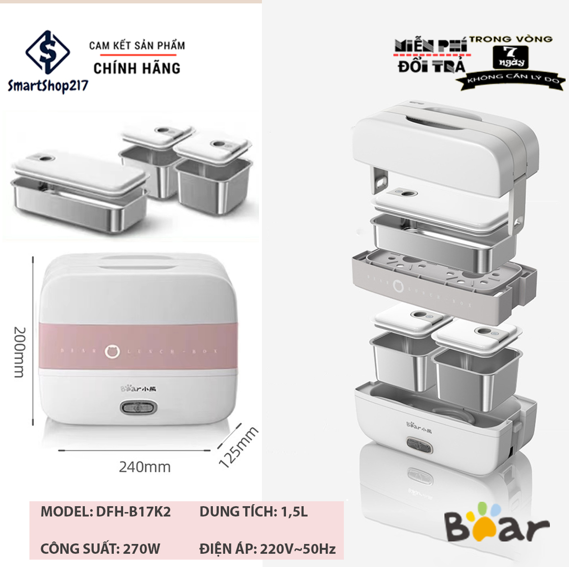 Hộp cơm cắm điện bear dfh-b17k2 & dfh-c15h1 - bảo hành 12 tháng