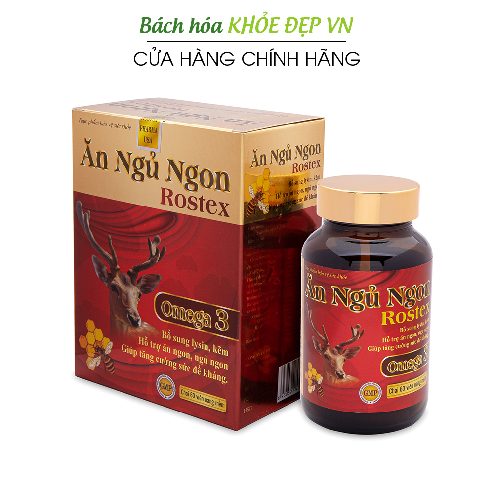 Viên ăn ngủ ngon Rostex Omega 3 loại bỏ mất ngủ, giúp ăn ngon, tăng cường sức đề kháng - Chai 60 viên