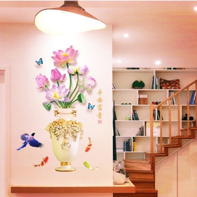 Decal dán tường BÌNH HOA SEN tranh dán tường bình hoa sen hồng cực sang chảnh