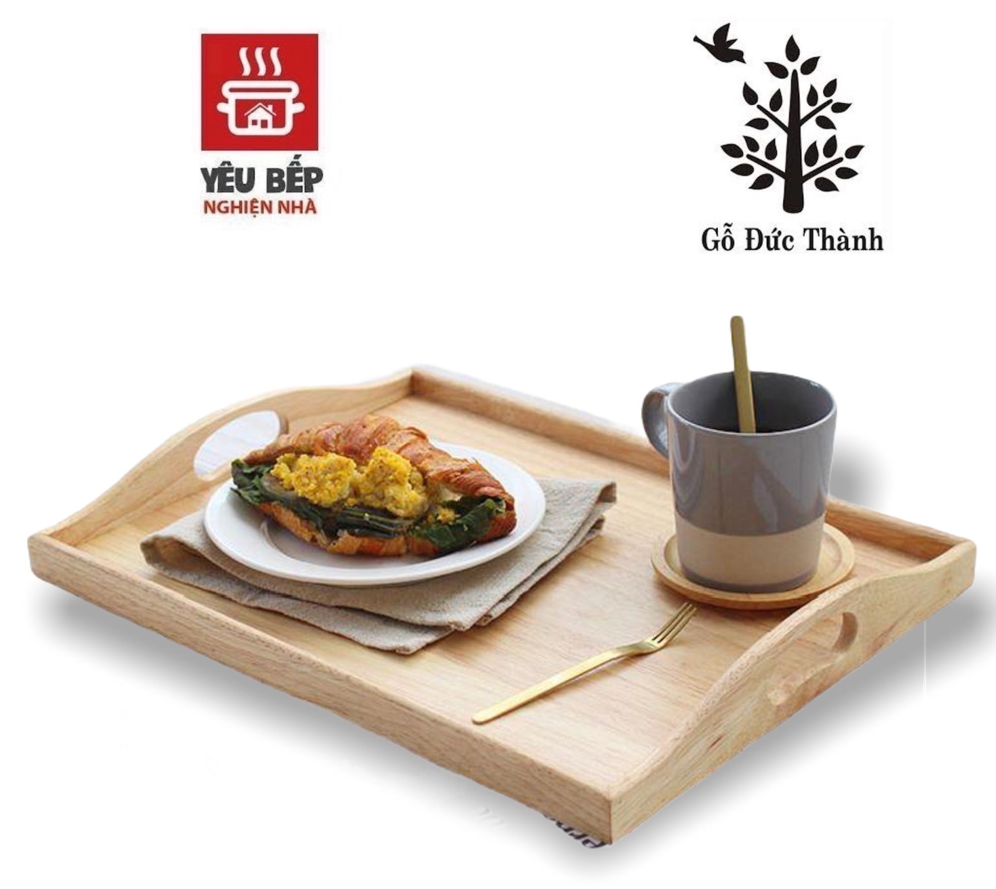 Khay gỗ cao su tự nhiên hình chữ nhật có tay cầm - khay đựng thức ăn món cơm/mì pasta/bánh kem/tráng miệng - gỗ đức thành
